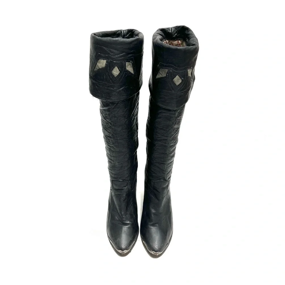 ZODIAC | Vintage 1980s black leather knee high fold over inlay heeled boots